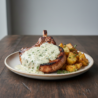 Cotlet de porc cu sos gorgonzolla cu cartofi aurii