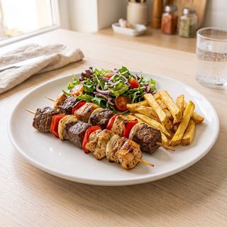 Pinchos Con Patatas Y Ensalada