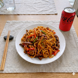Frien noodles with beef + Coca-Cola Zero