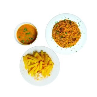 Chips (R) + Pilau (F) +Gravy .