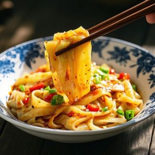 辣宽面Tallarines fritos ancho con gambas y salchicha picante