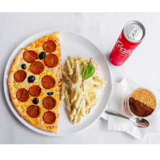 Moitié Pizza + Moitié Pâtes + Boisson Slim 25cl + Dessert