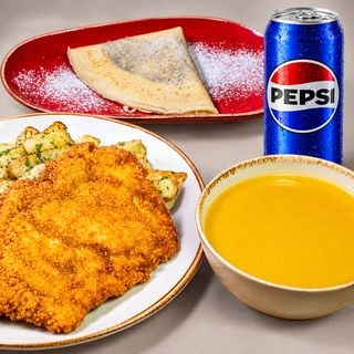 LunchBox snitel de pui+supa/ciorba+desert+Pepsi