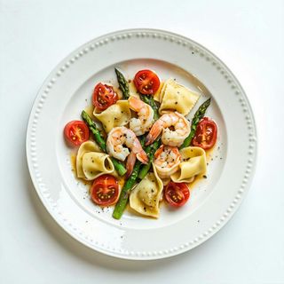 Paccheri scampi pomodorini e asparagi di mare