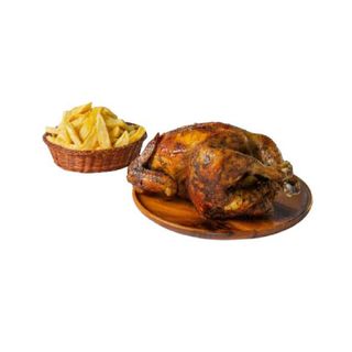 Pollo entero asado con deghmira + patatas fritas y olivas