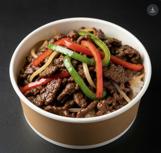 Bol de ternera picante al wok con arroz blanco