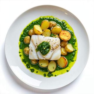 Lubina Con Patatas Panaderas Y Salsa Verde