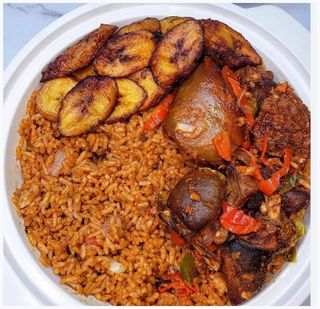 Jollof Rice, Goat Meat And Plantain With Bottle Water