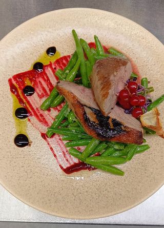 Piept de rata cu fasole verde trasa la tigaie in unt si merisoare 370G