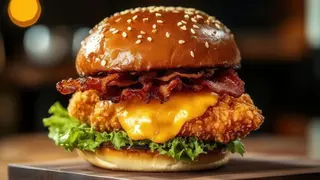 Chicken Crispy Burger servit cu cartofi prajiti si sos de maioneza
