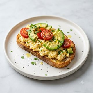 Tostada De Huevo Revuelto Con Tomate Y Aguacate