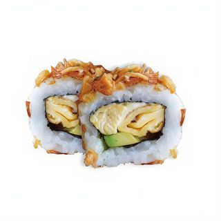 Uramaki Teriyaki pollo aguacate cebolla frita