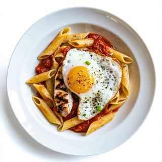 Pasta con tomate, pechuga a la plancha y huevo.