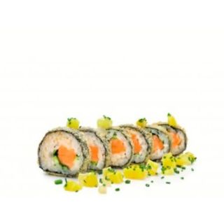 Roll de hot salmón y langostino con chutney de mango (6 uds.)
