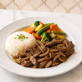 Émincé de bœuf, riz et légumes
