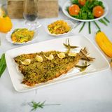 Судак с цветной капустой в кляре и сливочно грибным соусом