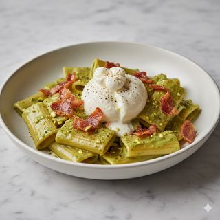 Paccheri in crema di pistacchio, burrata e guanciale croccante