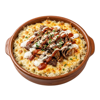 Plato arroz gratinado con carne kebab