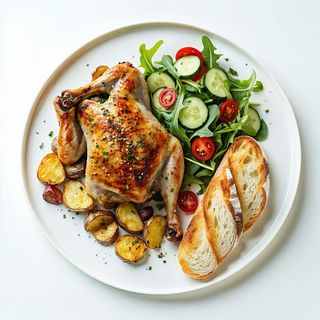 Mezzo pollo con patate, insalata e pane