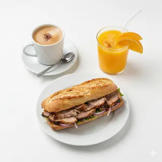 Bocadillo de Pata Asada+Zumo de Fruta Natural+Bebida Caliente