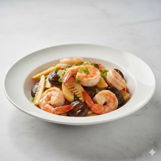(139)Gambas con bambú y setas chinas