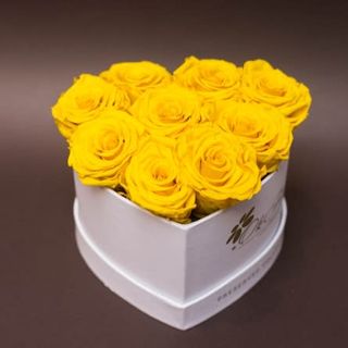 9 trandafiri criogenați galbeni în inimă albă