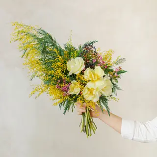 Ramo de flores de mimosa y tulipanes blancos S