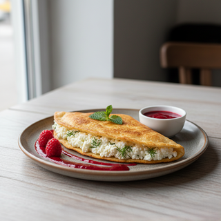 Tortilla cu branza de vaci si sos de zmeura
