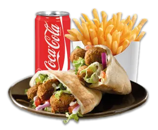 Pan pita falafel, papas refresco
