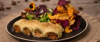 Canelones de Curgete Recheados com Soja, Batata-Doce Frita e Salada