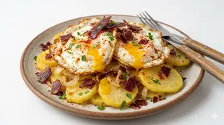 Huevos rotos con crujiente de jamón