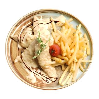 Пилешки бон филенца с бадемов сос, пържени картофи (300гр)