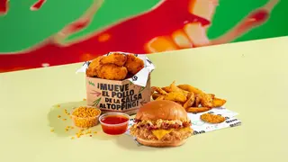 Burger + 4 bombs + patatas S + topping + salsa