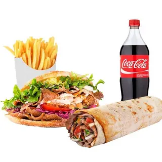 Menú Familiar 2 Kebab +1 durum + 3 patatas Coca-Cola Sabor Original botella