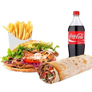 Menú Familiar 2 Kebab +1 durum + 3 patatas Coca-Cola Sabor Original botella