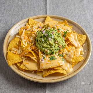 Nachos con cheddar y guacamole casero