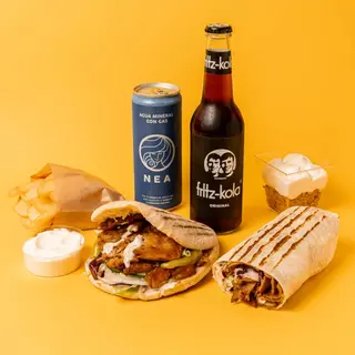 2 Kebabs o Burger + Fritas con mayo + 2 Bebidas + Postre