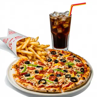 Menú pizza (mediana) + papas + bebida (330 ml.)