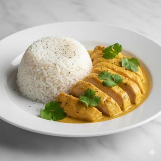 Arroz blanco con pollo en salsa de curry