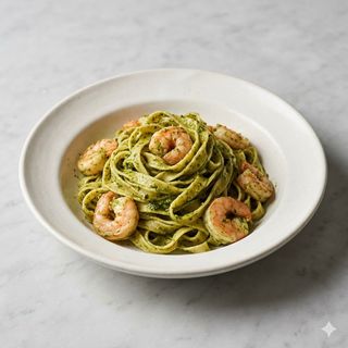 Tagliatelle al pesto e gamberi