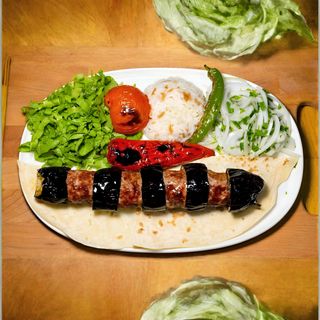 Eggplant with meatballs on skewers