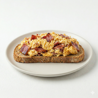 Tostada Integral De Huevos Revueltos Con Bacon A La Plancha