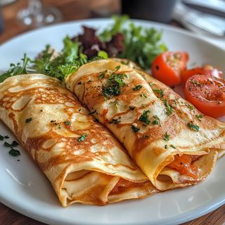 Naleśnik Szynka, pepperoni, pieczarki, cebulka, ser cheddar