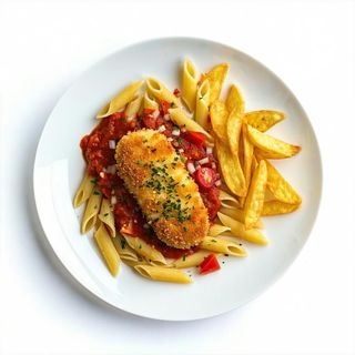 Penne al pomodoro, cotoletta e patatine