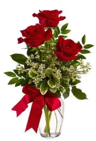 Mazzo di 3 rose rosse confezionato con verde decorativo di stagione