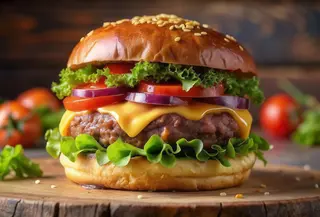 Cheeseburger clasic servit cu cartofi prajiti si sos de maioneza