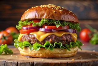 Cheeseburger clasic servit cu cartofi prajiti si sos de maioneza