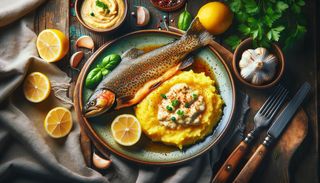 Păstrăv prăjit cu mămăligă și mujdei