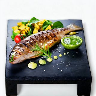 Pastrav  la gratar/ cuptor servit cu legume trase in unt