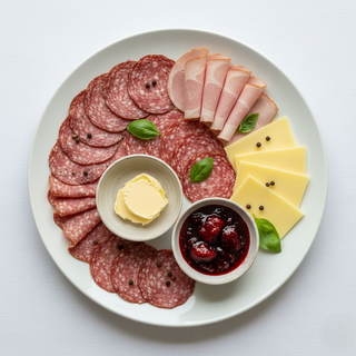 Salam, brânză, unt, dulceață, șuncă